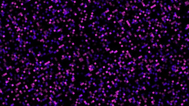 Abstract dark digital pixel rain animation with falling purple and pink square blocks for retro cyberpunk technology data stream background concept