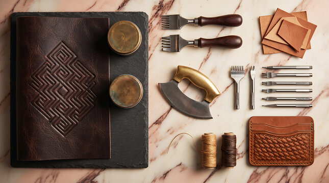 Leather crafting tools and embossed leather goods on marble surface notebook