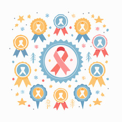 Fototapeta premium A colorful illustration of a pink ribbon surrounded by badges and confetti.
