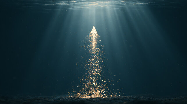 Glowing arrow rising underwater as symbol of growth, recovery and progress