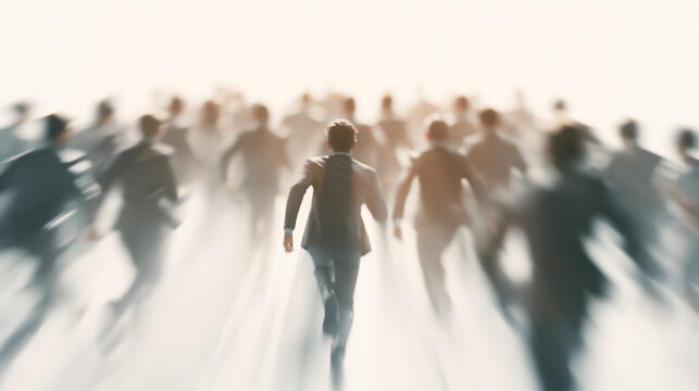 Businessperson moving through blurred crowd toward an uncertain future