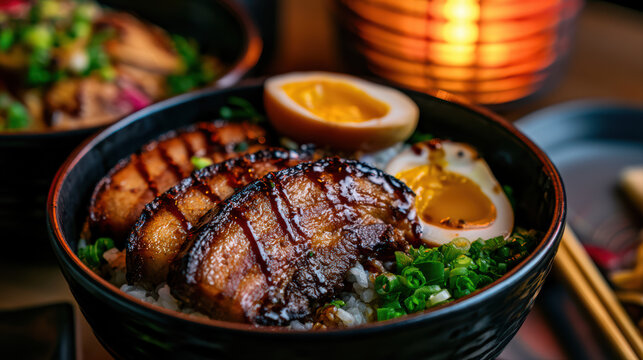 food photography of japanese chashu don with thick slices