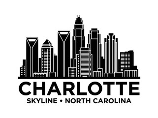 Naklejka premium Stylized illustration depicting the iconic urban skyline of Charlotte, North Carolina, with modern skyscrapers in a minimalist graphic design.