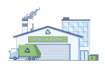 Naklejka premium Illustration of a waste bank or recycling center with a garbage truck parked outside, Waste banks are used to manage waste more properly and promote environmental sustainability