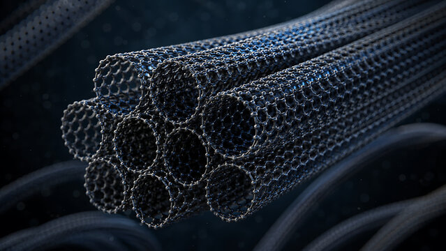 Close Up View Of Carbon Nanotube Cylinders With Hexagonal Atomic Lattice | Advanced Nanomaterial Tubes In Scientific Composition | High Tech Molecular Carbon Fiber Structure