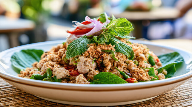 delicious thai spicy minced pork salad larb mo