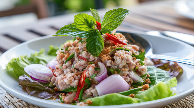 vibrant thai spicy minced pork salad larb mo photography
