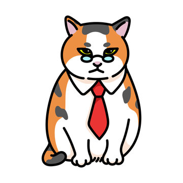 Funny Grumpy Business Cat earing Red Tie Cartoon Vecor Illustration
