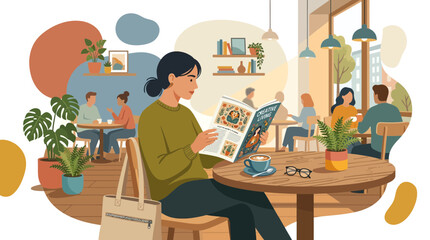 Fototapeta premium Young Woman Reading Magazine in Cozy Modern Cafe Vector Illustration