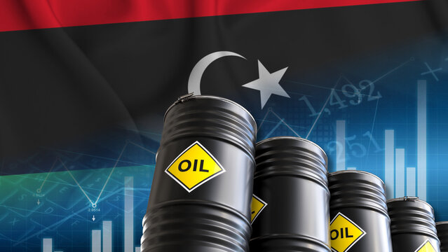 The fluctuations in Libyan oil prices amidst the instability of the financial and economic markets are illustrated by oil barrels, fuel pumps, and data charts against a backdrop of the national flag.