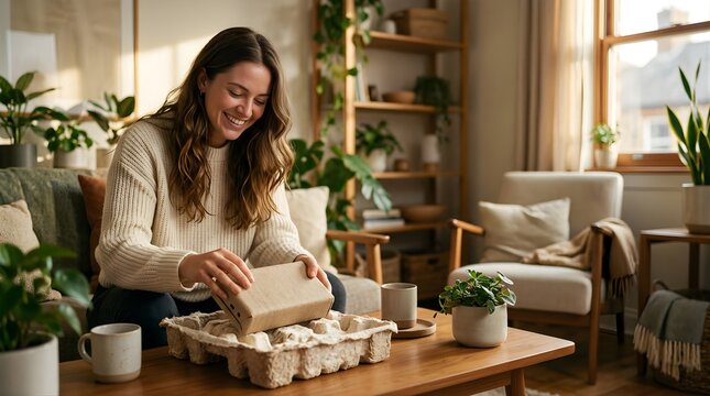 Happy woman unboxing sustainable product in a sunny eco-friendly home