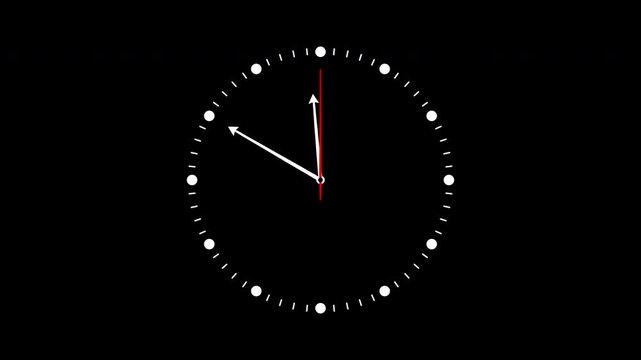Minimalist simple clock animation featuring spinning white and red hands on a black background for alpha channel transparency. Clean analog clock face with moving pointers.