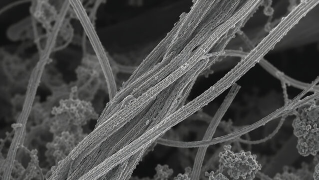 Microscopic Fibrous Network Structure In Black And White | Nanofiber Material Surface Under Electron Microscope | Abstract High Magnification Material Science Texture