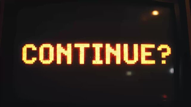 Retro video game continue screen with orange glitchy pixel text