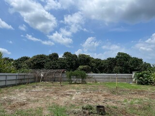 Fototapeta premium Lush green grass paddock area surrounded by trees and farm style post fences beneath a beautiful clear summer sky with soft white clouds, natural ranch landscape.