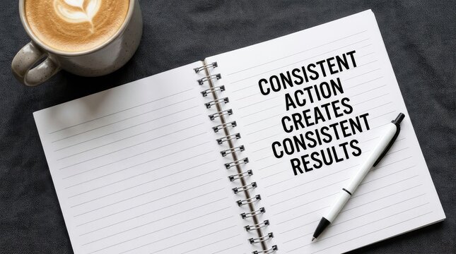 Open notebook with black spiral binding showing motivational text about consistent action and positive results