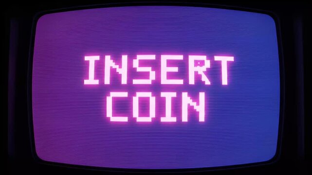 Retro arcade monitor displaying insert coin text with glitch effect