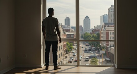 Fototapeta premium Man silhouetted by city view from interior window on sunny day