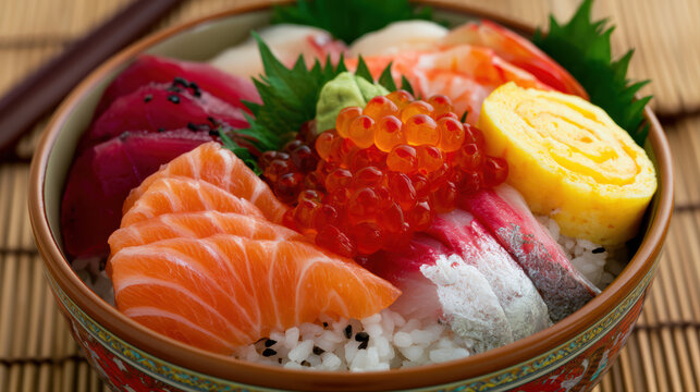 vibrant chirashi don with assorted toppings in japanese food photography