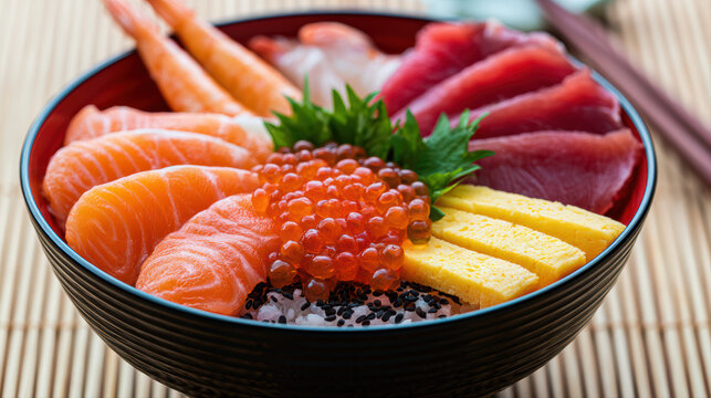 japanese chirashi don food photography with assorted premium toppings