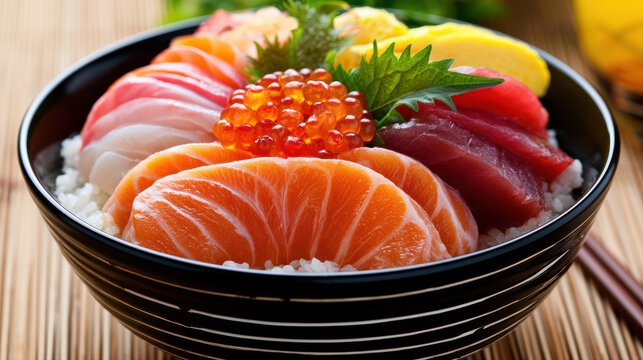 japanese chirashi don with assorted toppings food photography