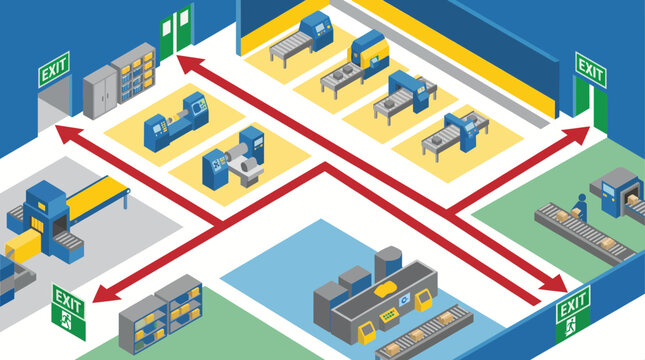 Isometric Factory Floor Plan with Emergency Route Overlay