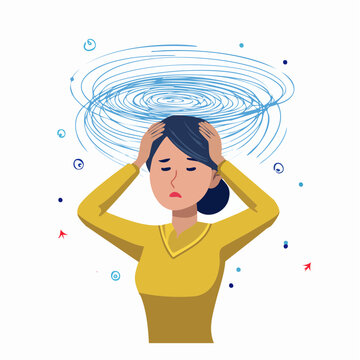 頭を抱えて混乱する人 めまいや立ちくらみなどの体調不良を表すイラスト