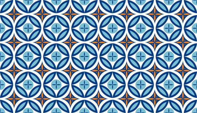 Seamless Geometric Pattern with Blue Circles and Orange Stars on White Background for Textile Design