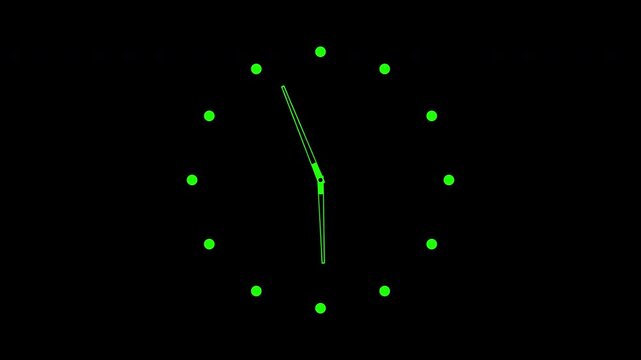 Minimalist simple clock with spinning green hands and hour markers on a black background for alpha channel compositing. Abstract time concept animation for motion graphics.