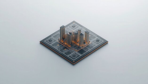 Abstract city skyline concept on computer microchip processor with microchip technology abstract processor computer architecture development hardware innovation electronic engineering