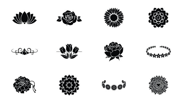 Floral design elements and flower icons featuring roses sunflowers lotuses and garlands.