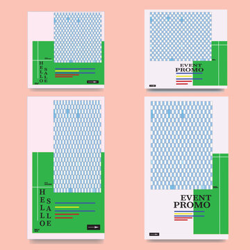 Set of modern poster or flyer templates in a contemporary minimalist style. This design features a combination of bright greens, reds, and blues with clean graphic elements, color blocks, and te layot