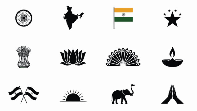 Detailed set of indian national symbols government emblems and traditional motifs vector.