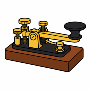Vintage brass Morse code telegraph key illustration on a wooden base with a black tapping knob. Vector graphic of historical telecommunication equipment used for telegraphy and signals.