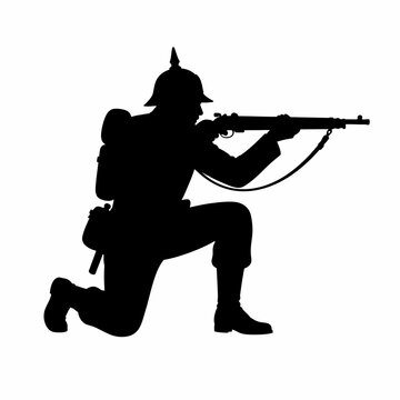 Black silhouette of a World War I German soldier kneeling and aiming a rifle, wearing a traditional Pickelhaube spiked helmet and military gear, isolated on a white background.