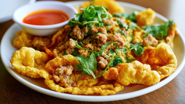 high fidelity food photography of thai omelet with minced pork