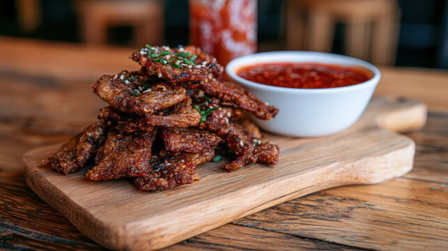 thai fried sun-dried pork moo dad de food photography