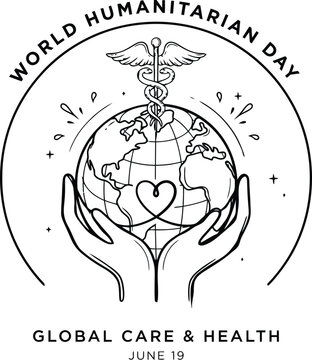 Global care and health logo design with hands holding earth globe and caduceus symbol for awareness