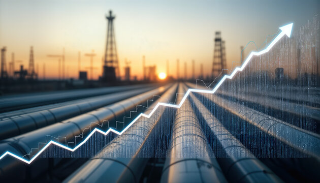 Oil industry growth trends in sunset business graphs over pipelines industrial environment positive outlook