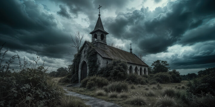 Mysterious church ruins abandoned location dark atmosphere stormy sky eerie perspective haunted concept