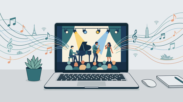 This flat design illustration visualizes the global reach of the Montreux Jazz Festival through an online live stream displayed on a laptop screen, with musical elements extending into the viewer's sp