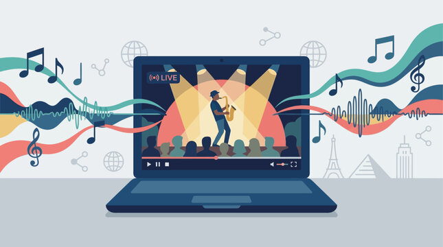 This flat design illustration visualizes the global reach of the Montreux Jazz Festival through an online live stream displayed on a laptop screen, with musical elements extending into the viewer's sp