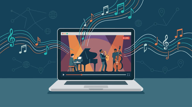 This flat design illustration visualizes the global reach of the Montreux Jazz Festival through an online live stream displayed on a laptop screen, with musical elements extending into the viewer's sp