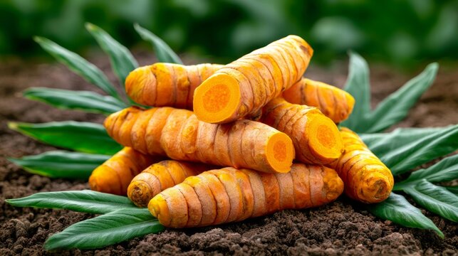 Fresh Turmeric Rhizomes Stacked on Dark Soil with Green Leaves in Background for Culinary Uses and Health Benefits