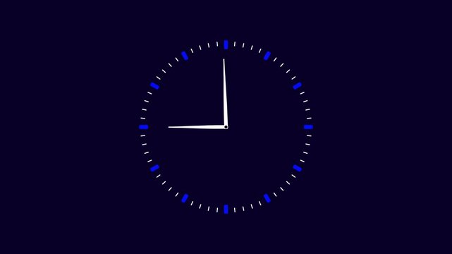Minimalist simple clock animation featuring spinning white hands on a dark blue background. Abstract time concept with fast rotating clock hands for motion graphics and video projects