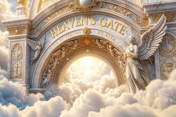 Obraz premium Ornate marble and gold entrance to Heaven's Gate with angels and clouds.