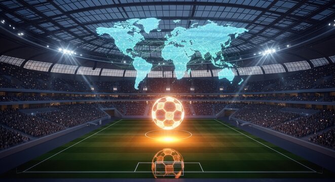 A glowing soccer ball on a green field in a large stadium with a world map