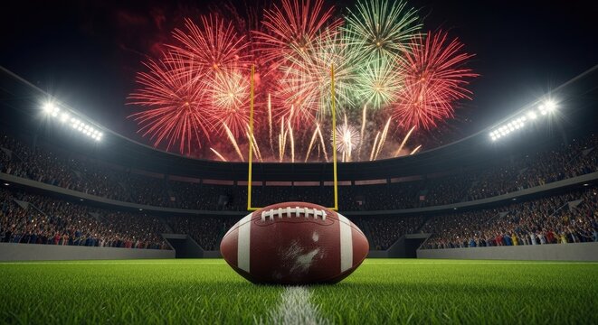 American football on a green field with colorful fireworks exploding in the background at night