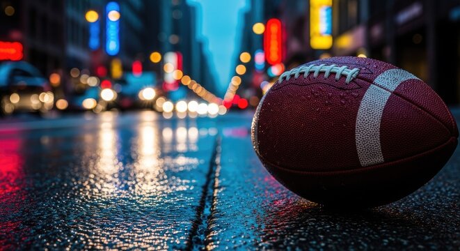 American football on a wet city street at night with blurred background lights