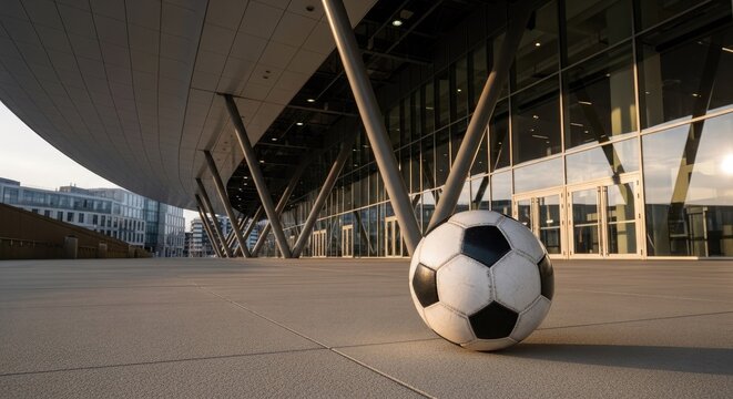 Soccer ball on the ground in front of a modern building exterior with glass walls
